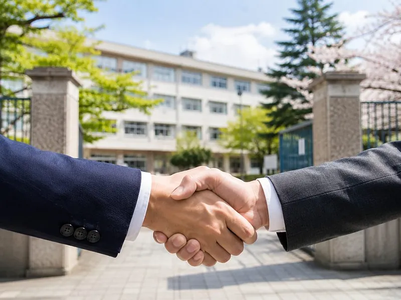 高校の門の前で、握手をしている様子